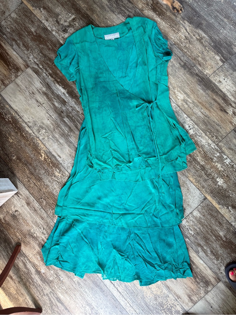 vintage 90s Platinum by Dorothy Schoelen teal two-piece set wrap top/ skirt